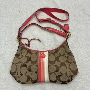 Coach Signature Stripe Shoulder Bag – Pink Coral Accent Vintage Style